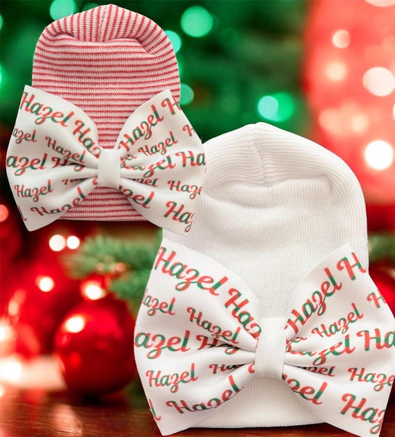 Newborn Holiday Christmas Bow with NAME on Hat, Headband or Clip! Custom Made Farbic Bow. EXCLUSIVE