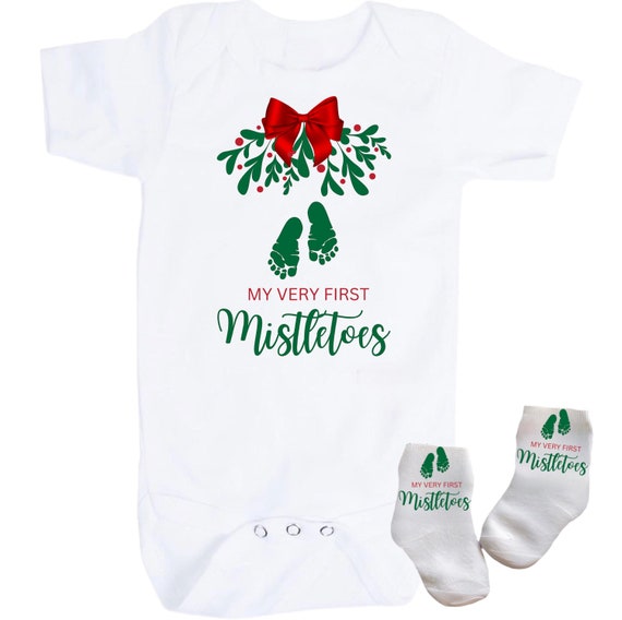 First Christmas Bodysuit and Socks Up  To Size 24 Months You Choose Long or Short Sleeve. Great Gift. You choose Size  My First Mistletoes