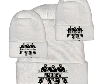 Newborn Hat Hockey Fan. Personalized and OPTIONal Mittens  1st Keepsake, Gender Reveal, Surprise Dad!