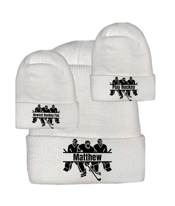 Newborn Hat Hockey Fan. Personalized and OPTIONal Mittens  1st Keepsake, Gender Reveal, Surprise Dad!