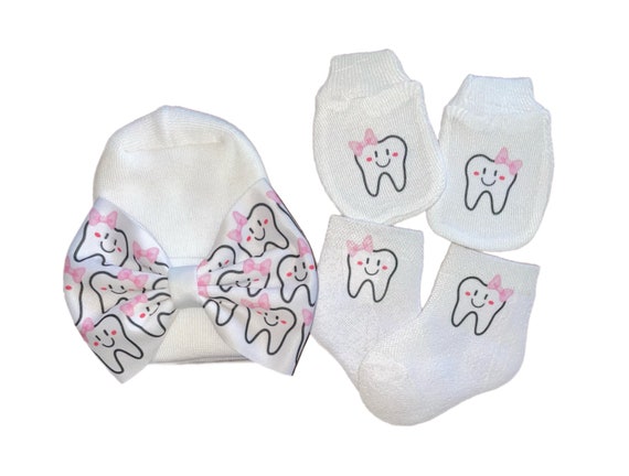 Tooth Bow on Hat and Matching no acratch Mittens and Socks Perfect for Dentist or Hygienist. Great Gift.