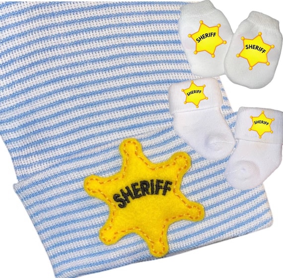 NEWBORN Hospital Hat, Sheriff Hat with Option to add Socks and Mittens.Great Gift.