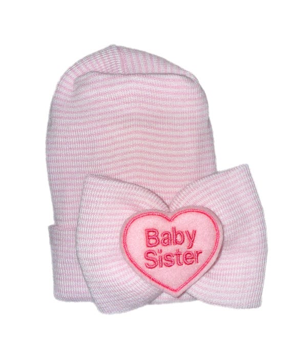 Baby Bow Hat Baby Sister Newborn Hat with Baby Sister In Pink on Bow Newborn Hospital Beanie.  Baby Newborn Hats.  BABY Sister