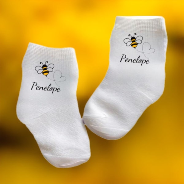 Baby/Toddler/Child Bee Socks with or without Name. Multiple sizes offered. Choose from 0-6 months to 10 years. Cute Baby Gift!