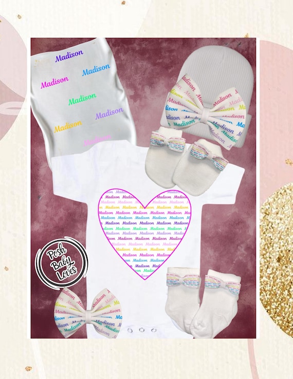 Personalized Baby Bodysuit with No Scratch Mittens, Socks, Newborn Hat and receiving blanket Size 0-3 Months. EXCLUSIVELY FOUND HeRe!