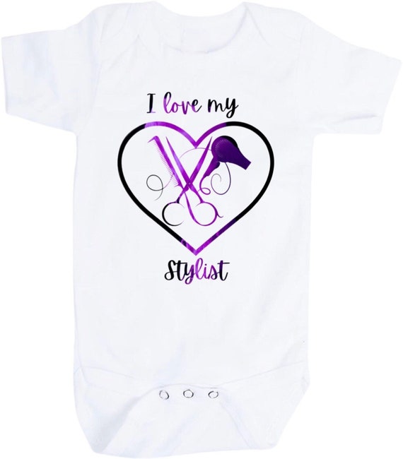 Baby Bodysuit with I Love My Stylist with Scissors, Comb and Blow Dryer. Perfect for Hairdresser Baby. 1st Keepsake!