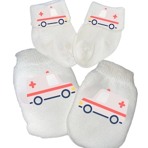 MITTENS with Option to add matching socks. No scratch Mittens With Ambulance For Boy or Girl Perfect Gift! Every Baby Needs. Cute Baby Gift!