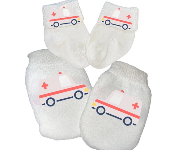 MITTENS with Option to add matching socks. No scratch Mittens With Ambulance For Boy or Girl Perfect Gift! Every Baby Needs. Cute Baby Gift!