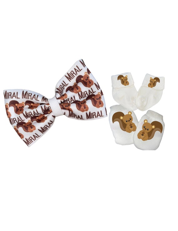 Bow Headband, Socks & Newborn no scratch Mittens With Squirrel. Perfect Shower / Newborn Gift! Every Baby Needs. Cute Baby Gift!