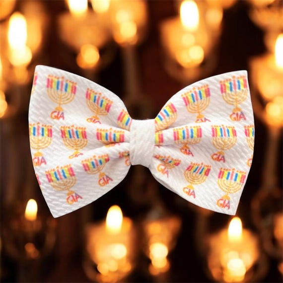 Hanukkah Bow with NAME on Hat, Headband or Clip! Custom Made Farbic Bow. EXCLUSIVE