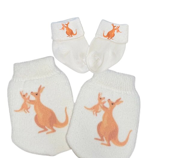MITTENS with option to add matching socks. No scratch Mittens With Kangaroos. .Boy or Girl! Perfect Gift! Every Baby Needs. Cute Baby Gift!