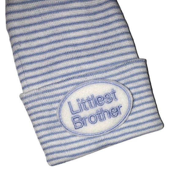 Baby Boy Littlesr Brother  Hat Rounded Top Newborn Hospital Hat with Littlest Brother.  Every New Baby Boy Should Have! Adorable!