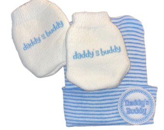 Daddy's Buddy EXCLUSIVELY Here! Newborn Hospital Hat. Baby Newborn Beanie. Hat and Mittens. Every New Baby Boy Should Have!