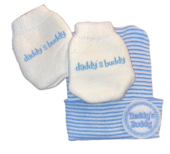 Daddy's Buddy EXCLUSIVELY Here! Newborn Hospital Hat. Baby Newborn Beanie. Hat and Mittens. Every New Baby Boy Should Have!