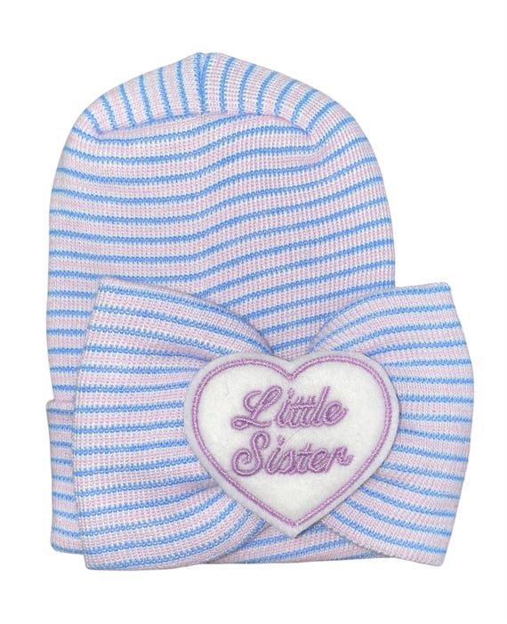 Baby Bow Hat with Lavender Little Sister. You Select Hat Color. Newborn Hospital Beanie.  Baby Newborn Hats.  Littlest Sister