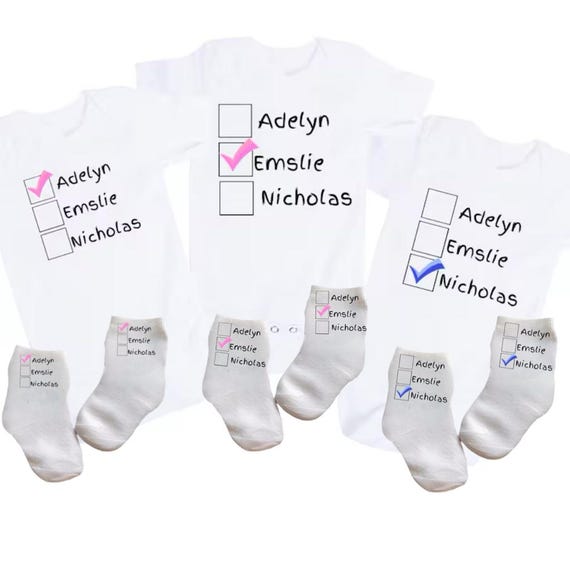 TRIPLETS Baby Bodysuits AND Matching Socks!! You get 3! Personalized With Names! 1st Keepsakes! GREaT GiFT! 1st Keepsake!