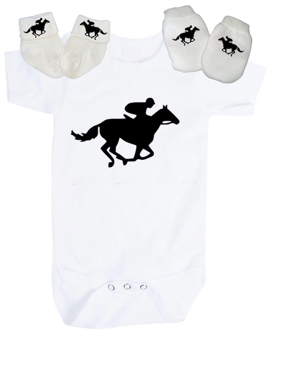 HORSE RACiNG Bodysuit with No Scratch Mittens and Socks! Size 0-3 Months. EXCLUSIVELY FOUND HeRe!