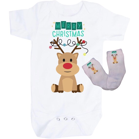 Christmas Baby Bodysuit with Option to add Socks and No Scratch Mittens. Size 0-3 Months to 24 Months. EXCLUSIVELY FOUND HeRe!