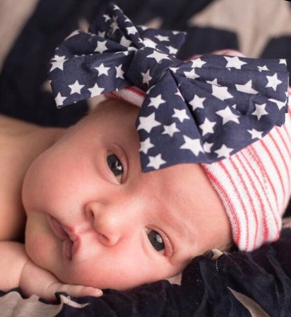 Newborn Hospital Hat. Patriotic Red White Stripes with Stars blue Bow! Great Gift. Baby's 1st Keepsake. July Baby. May Baby. September Baby