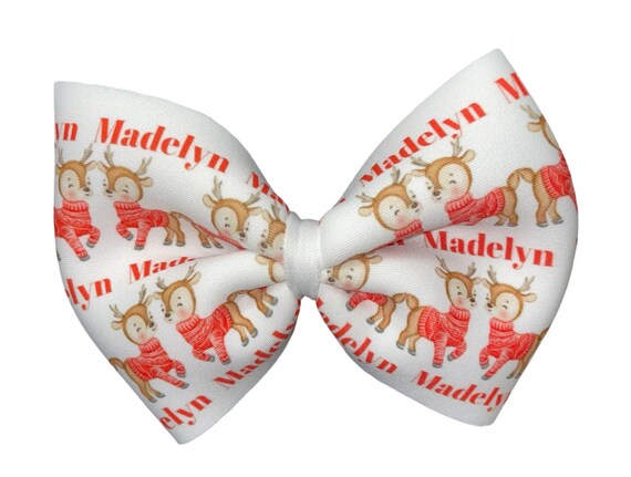 Girls Holiday Reindeer Christmas Bow with NAME on Hat, Headband or Clip! Custom Made Farbic Bow. EXCLUSIVE