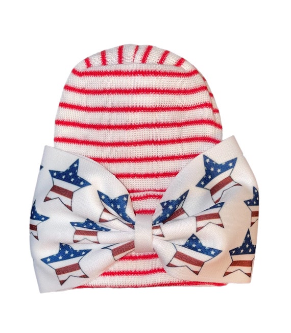 Newborn bow Hospital Hat. Bow Designed and made by me. Patriotic Red White Stripes with Stars Bow! Great Gift. Baby's 1st Keepsake.