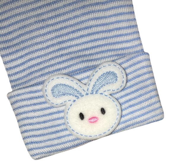 Newborn Hospital Hat Baby Beanie. Blue and White Stripe Hat or White Hat with BUNNY! Cute and Makes a Great Gift and Cute Photo Prop!