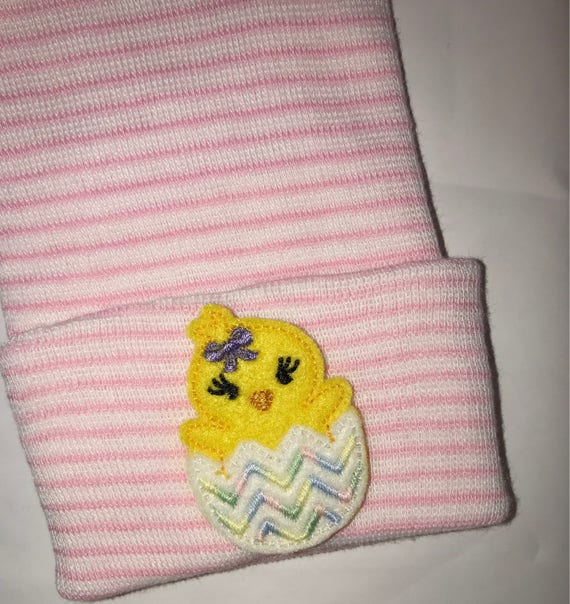 Newborn Hospital Hat! Pink and White Striped hospital hat topped off with chick! Spring Baby Great Gift!