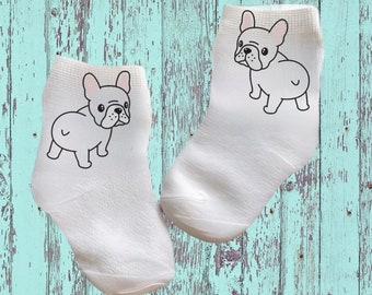 Niedliche Socken mit französischer Bulldogge für Babys/Kleinkinder/Kinder. Mehrere Größen angeboten. Wählen Sie zwischen 0-6 Monaten und 10 Jahren. Süßes Geschenk!
