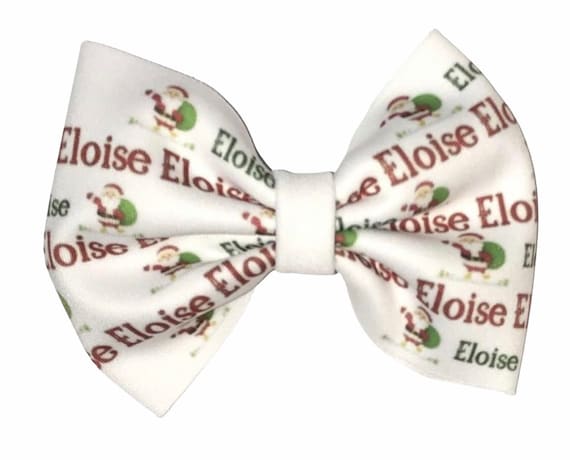 Girls Holiday Christmas Bow with NAME on Hat, Headband or Clip! Custom Made Fabric Bow. EXCLUSIVE