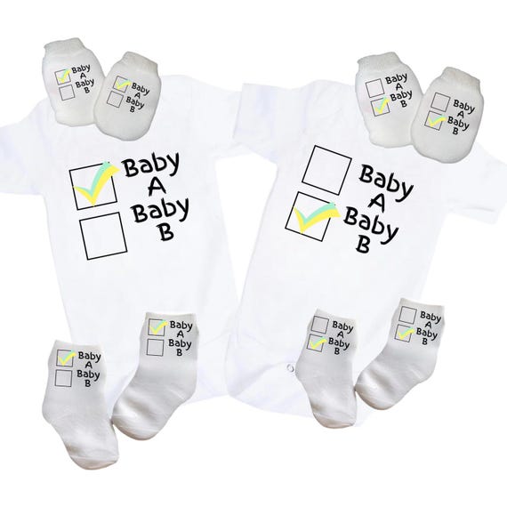 Twin Baby Bodysuits. You get 2!  Baby A and Baby B! 1st Keepsakes! GREaT GiFT! 1st Keepsake!
