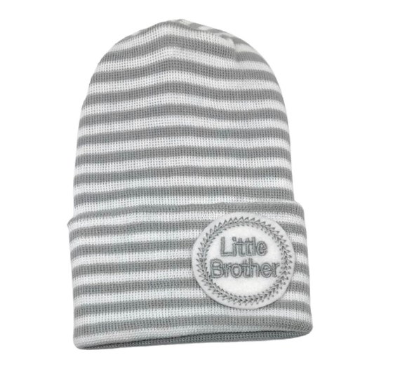 Newborn Hospital Hat. Round Top Gray and White Baby Boy Little Brother. Newborn Beanie. Every New Baby Boy Should Have! Adorable!