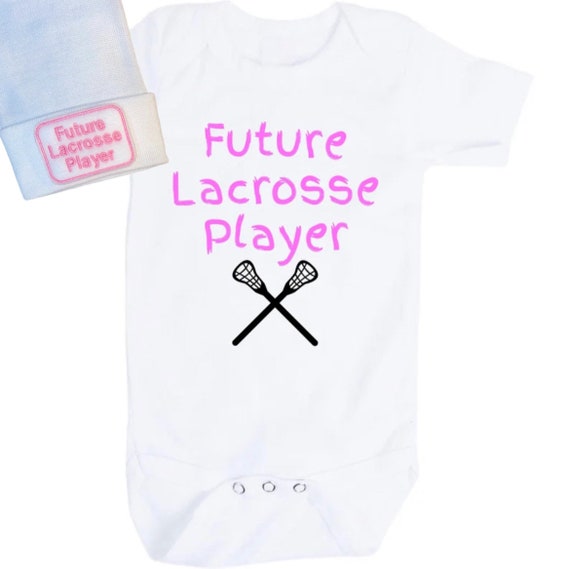 Baby Bodysuit with Future Lacrosse Player, Hat , Socks and No Scratch Mittens. You Choose Size.  GREaT GiFT  1st Keepsake