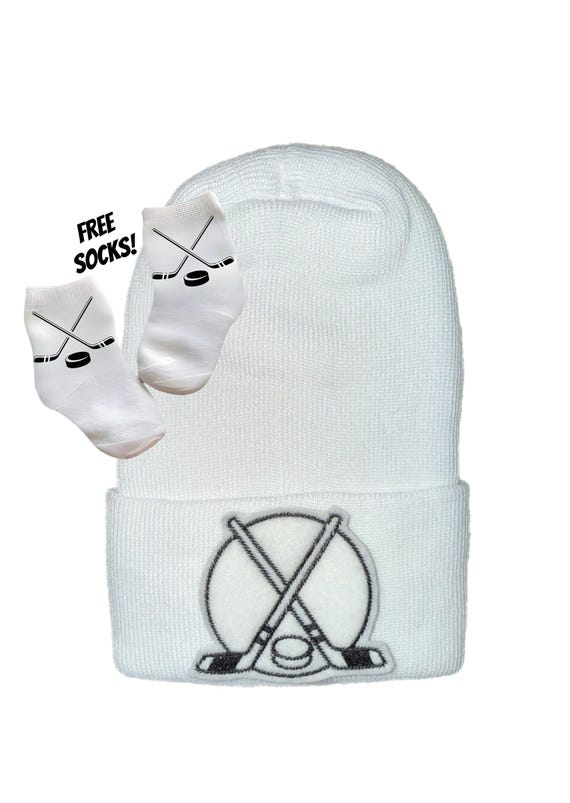 Newborn Hat Hockey with FREE SOCKS & Optional Mittens. Gender Reveal, Surprise Dad! Coming Home Hat, Cute Baby Gift