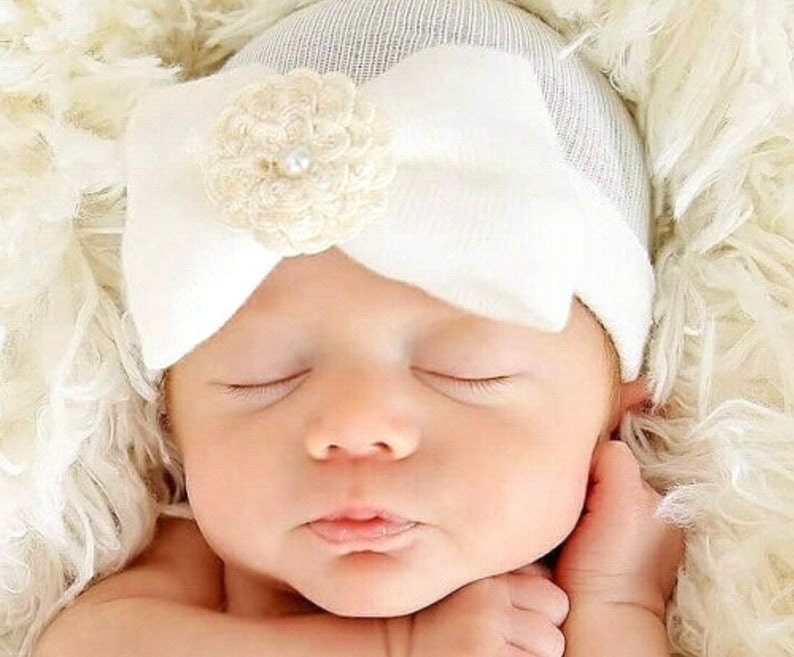 Newborn Hat Our Signature Hat! Baby's 1st Keepsake! With Pretty Bow/Flower & Pearl. The Mary. Choice of Flower. 