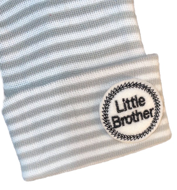 A Best Seller! Newborn Hospital Hat. Black letter Little Brother Applique.  Every New Baby Boy Should