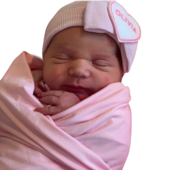 Baby Hat Newborn Hat Baby Girl Hat CUTE! ONE Newborn Hospital Hat Monogrammed with Name. PERSONALIZED! Bow with Name! 1st Keepsake!