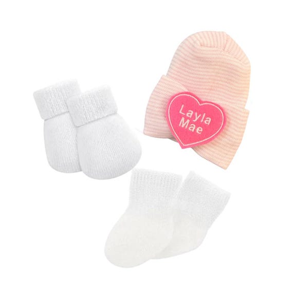 PREEMIE Hat with name, Socks & no scratch Mittens.