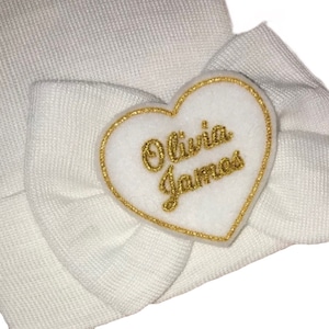 Baby Girl Hat Newborn Hospital Hat Monogrammed with PERSONALIZED Name in Cursive! LARGE Bow with Name! Great Gift Moms LOVE 1st Keepsake!