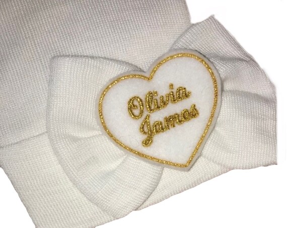 Baby Girl Hat Newborn Hospital Hat Monogrammed with PERSONALIZED Name in Cursive! LARGE Bow with Name! Great Gift Moms LOVE 1st Keepsake!