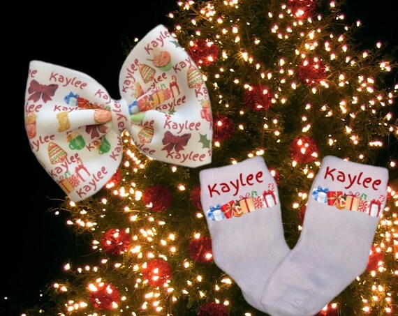 Girls Holiday Name Socks and Bow on Nylon Headband or Alligator Clip