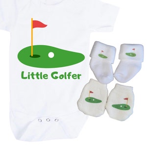 Baby Bodysuit Little Golfer. Option to add Socks and No Scratch Mittens. PREEMIE 1st Keepsake! GREaT GiFT! 1st Keepsake!