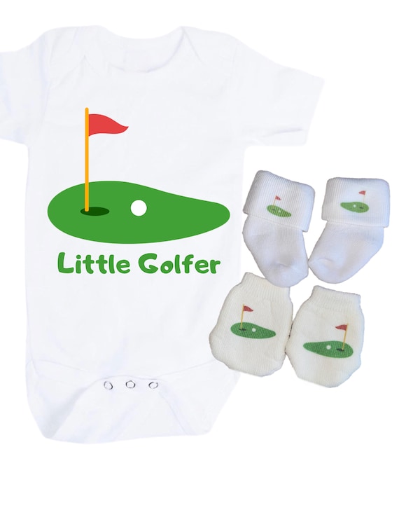 Baby Bodysuit Little Golfer. Option to add Socks and No Scratch Mittens. PREEMIE 1st Keepsake! GREaT GiFT! 1st Keepsake!