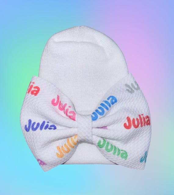 Girls Bow Hat or Headband with NAME! Baby Girl Bow!  Custom Made Fabric Bow. Newborn Hospital Hat. Newborn Hat. Infant Beanie. EXCLUSIVE