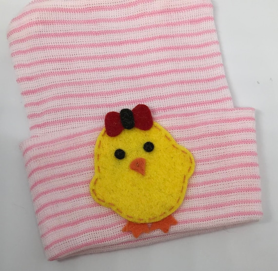 Newborn Hospital Hat! Pink and White Striped hospital hat topped off with a Cute Yellow Chick with Red Bow!  Spring Baby Great Gift!