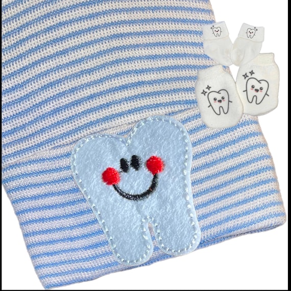 Newborn Hospital Hat. DENTIST Tooth With Option to add Mittens For Baby Girl or Boy!  My Parent is a Dentist! Cute gift for baby of Dentist!