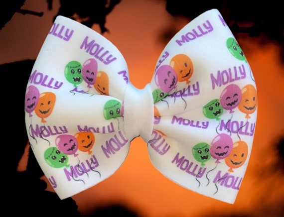 Girls Bow with NAME with Balloons On Nylon Headband, Alligator Clip or White Newborn Hat! Custom Made Fabric Bow. EXCLUSIVE