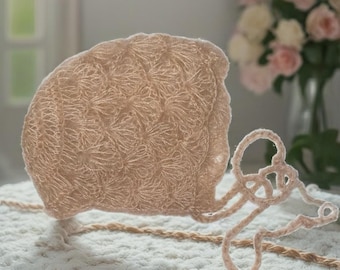 Hand Crocheted Mohair Baby Bonnet: Khaki Newborn Photo Prop