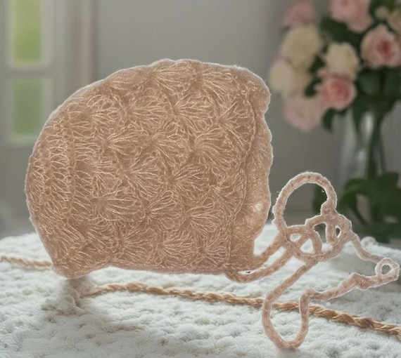 Hand Crocheted Newborn Baby Bonnet, Soft Mohair Blend in Neutral Khaki Color. Newborn Photo Prop, Heirloom-Style Baby Hat