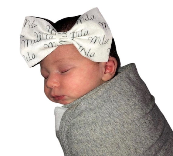 Girls Bow Hat or Headband with NAME! Baby Girl Bow!  Custom Made Fabric Bow. Newborn Hospital Hat. Newborn Hat. Infant Beanie. EXCLUSIVE