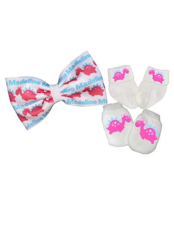 Bow on Headband, Socks & no scratch Mittens With Dinosaur for Girl! Perfect Shower/Newborn Gift Every Baby Needs. Cute Baby Gift!